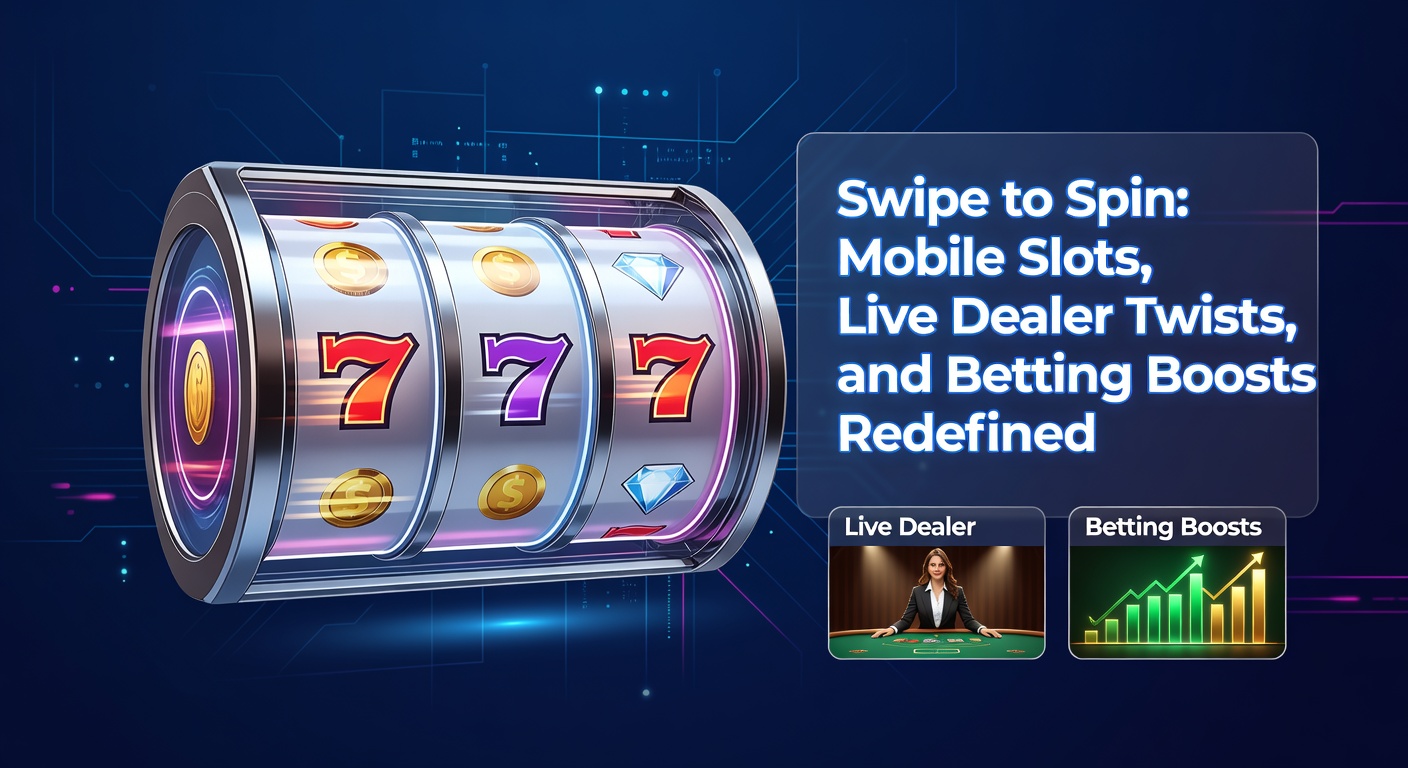 Smartphone mit Swipe-to-Spin-Slot-Spiel, das eine dynamische Drehung zeigt, während ein Live-Dealer im Hintergrund sichtbar ist